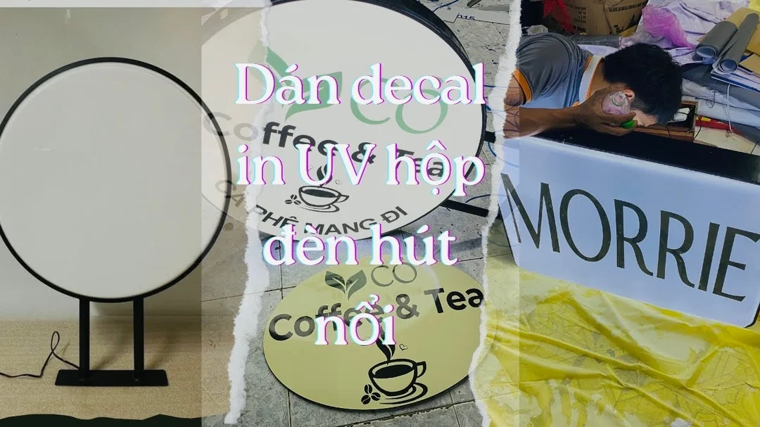 Quy trình dán hộp đèn hút nổi mica dán decal trong